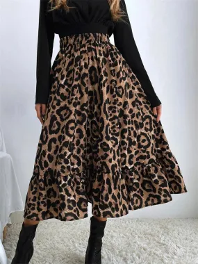 Leopard Print High Waist Casual Boho Long Skirt