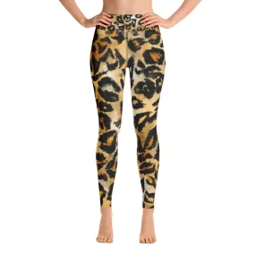 Leopard Print Women's Leggings, Beige Animal Print Sports Long Pants-Made in USA/EU
