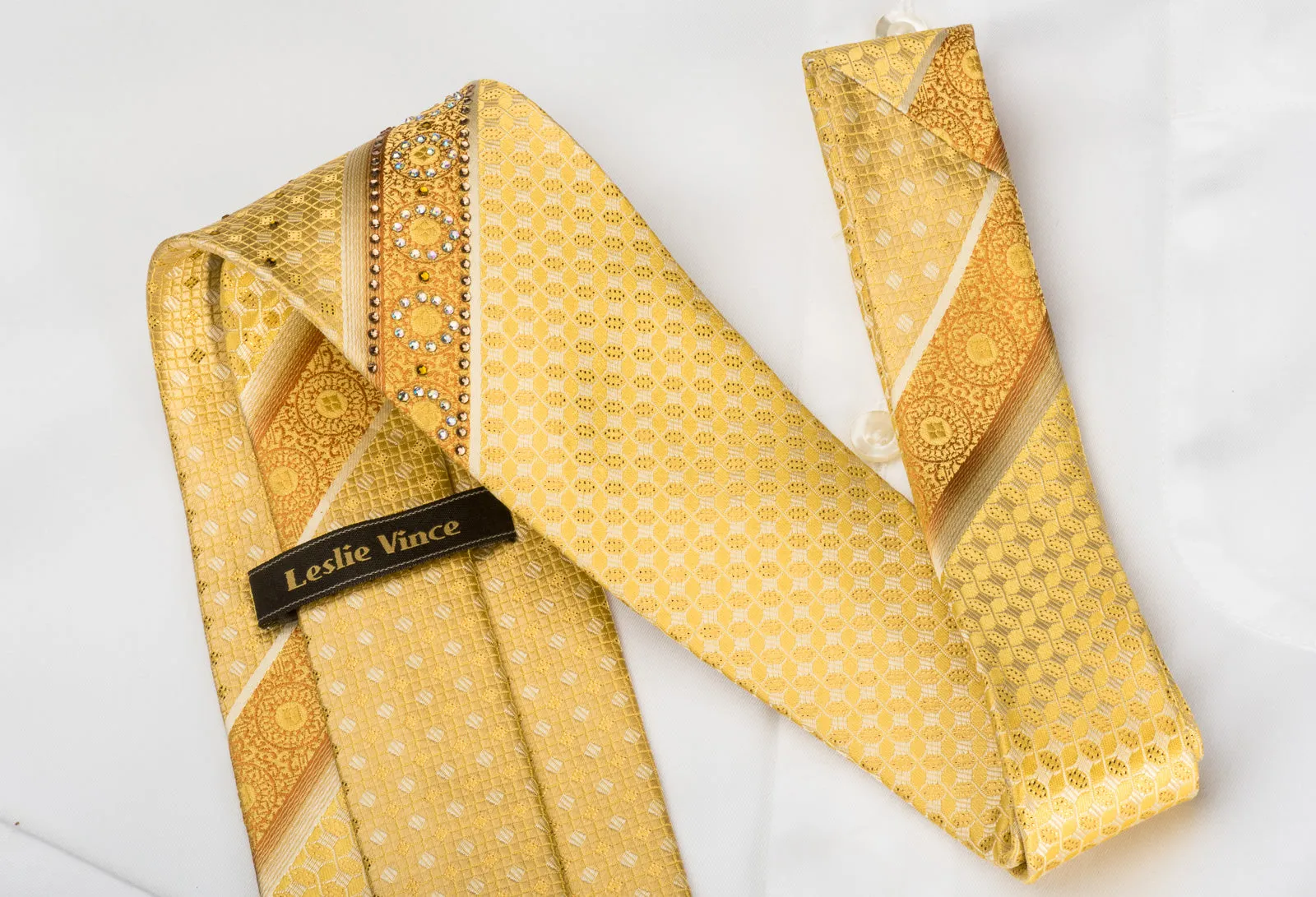 Leslie Vince Rhinestone Silk Necktie Striped On Yellow With Copper Sparkles