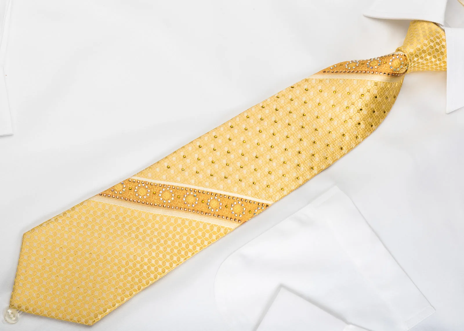 Leslie Vince Rhinestone Silk Necktie Striped On Yellow With Copper Sparkles