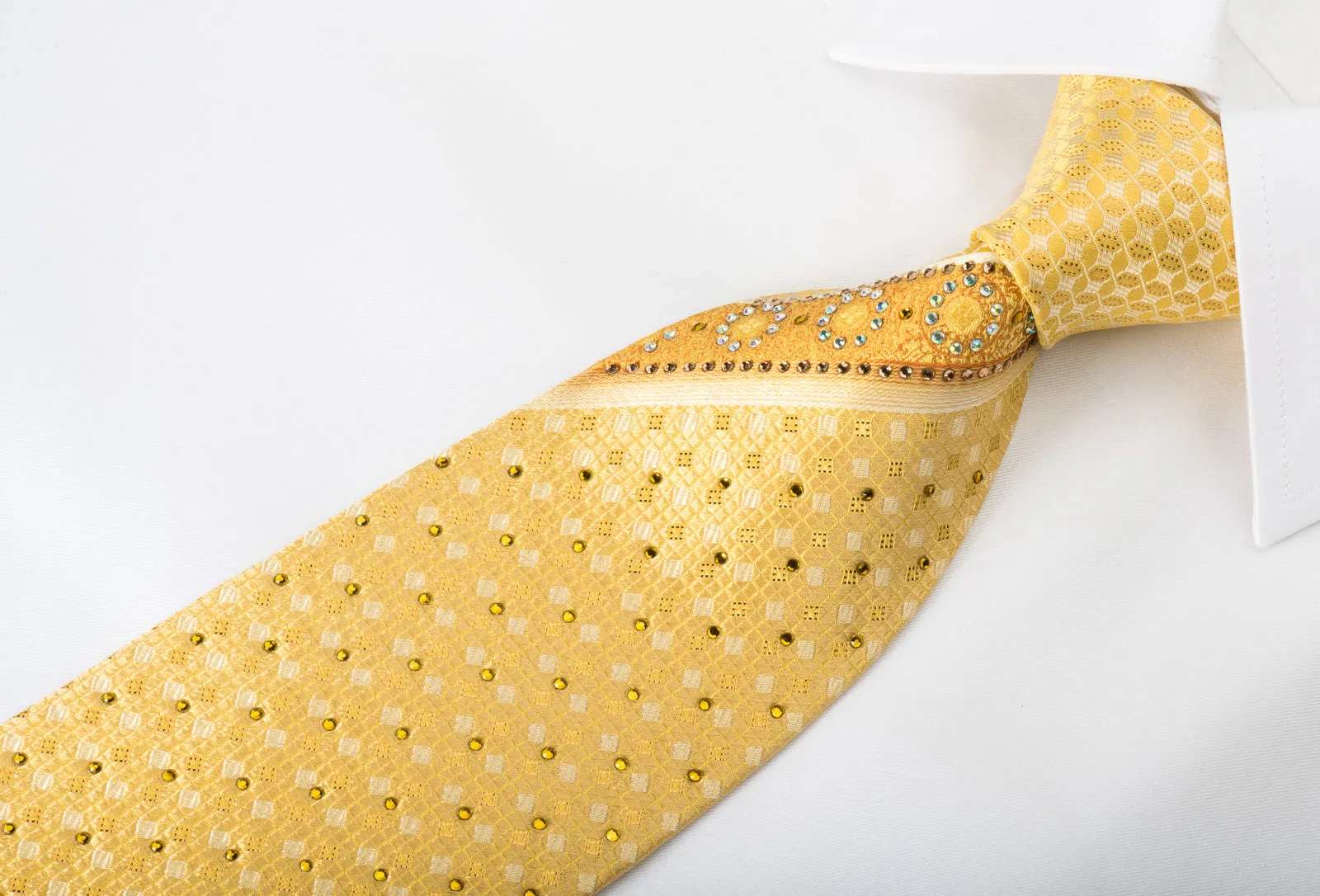 Leslie Vince Rhinestone Silk Necktie Striped On Yellow With Copper Sparkles
