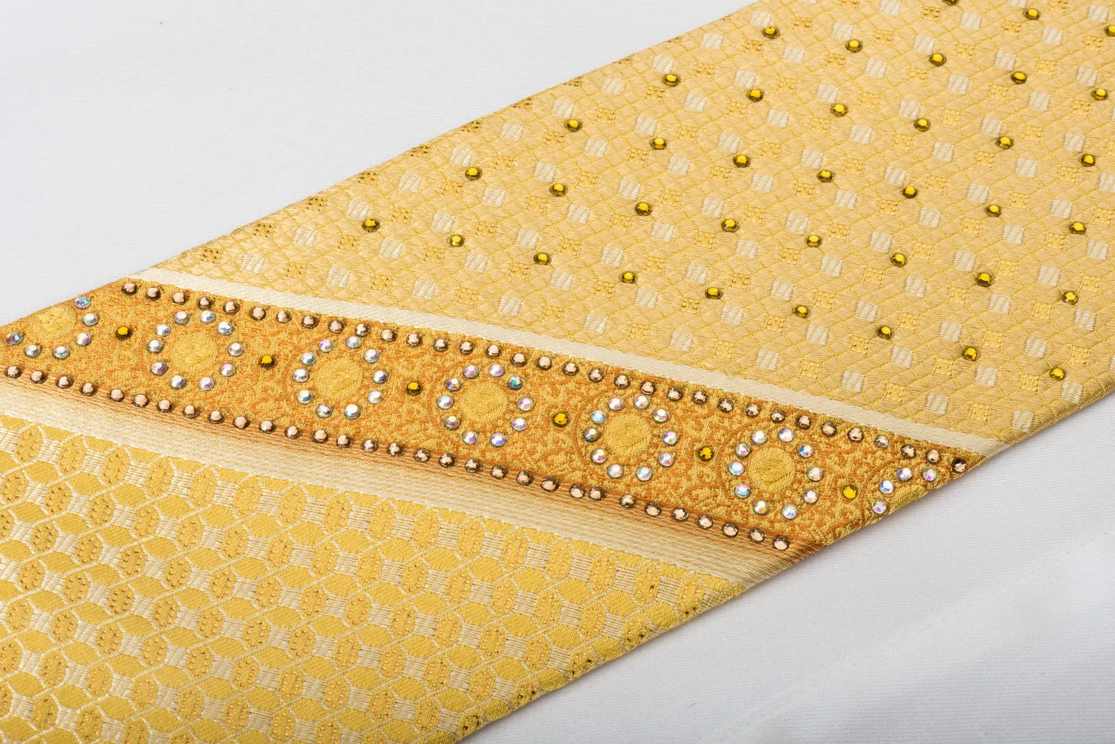 Leslie Vince Rhinestone Silk Necktie Striped On Yellow With Copper Sparkles
