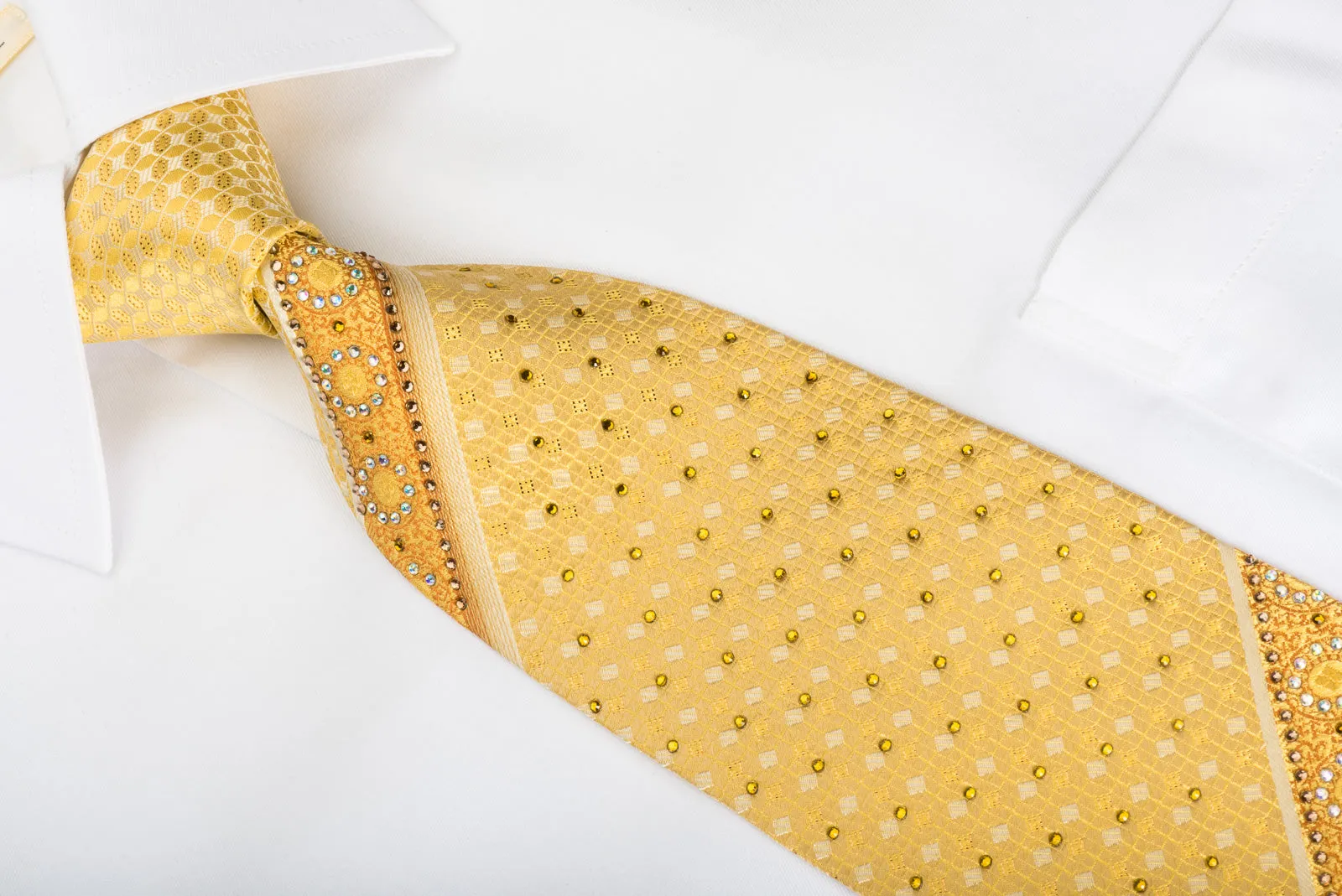 Leslie Vince Rhinestone Silk Necktie Striped On Yellow With Copper Sparkles
