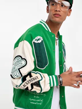 Letter Color Block Cotton Baseball Collar Preppy Varsity Jacket