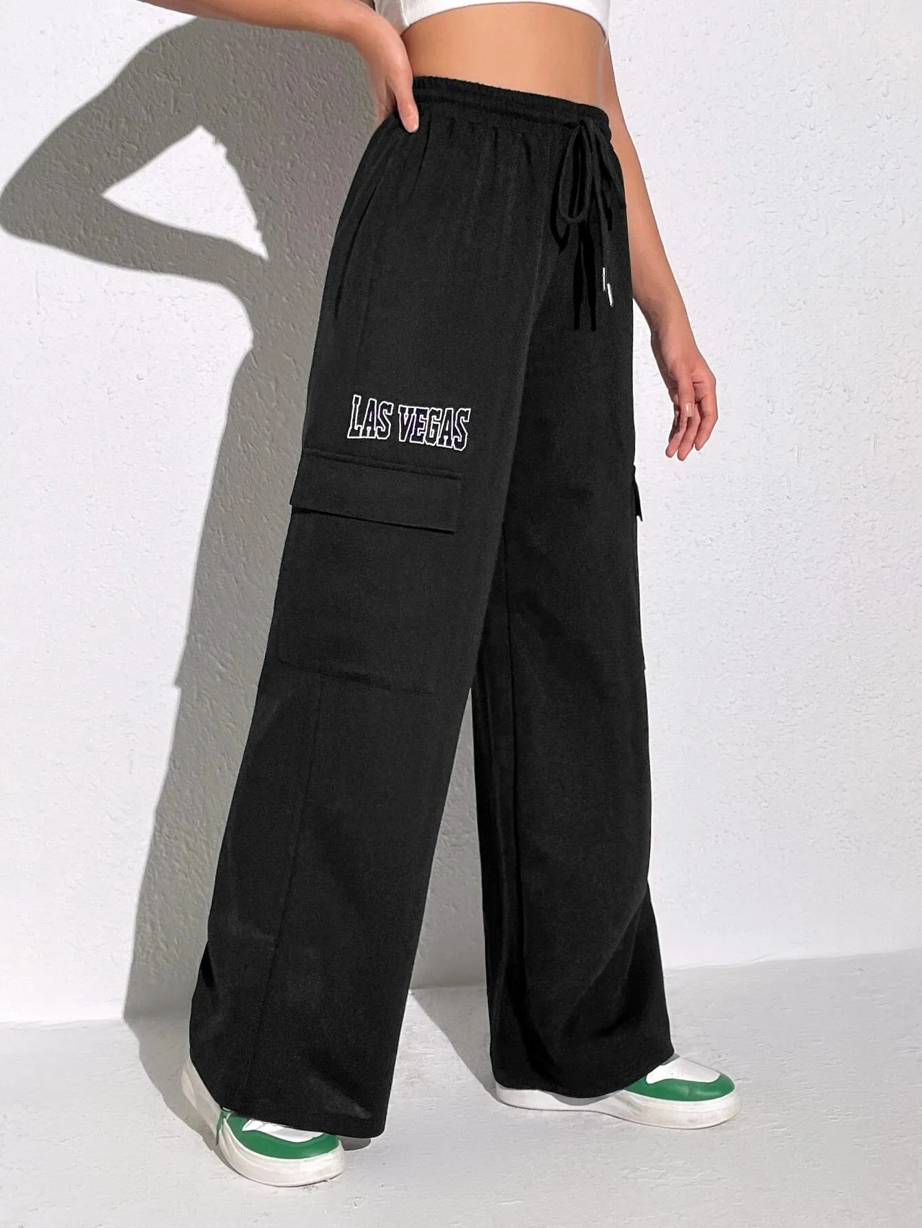 Letter Embroidery Drawstring Flap Pocket Cargo Pants