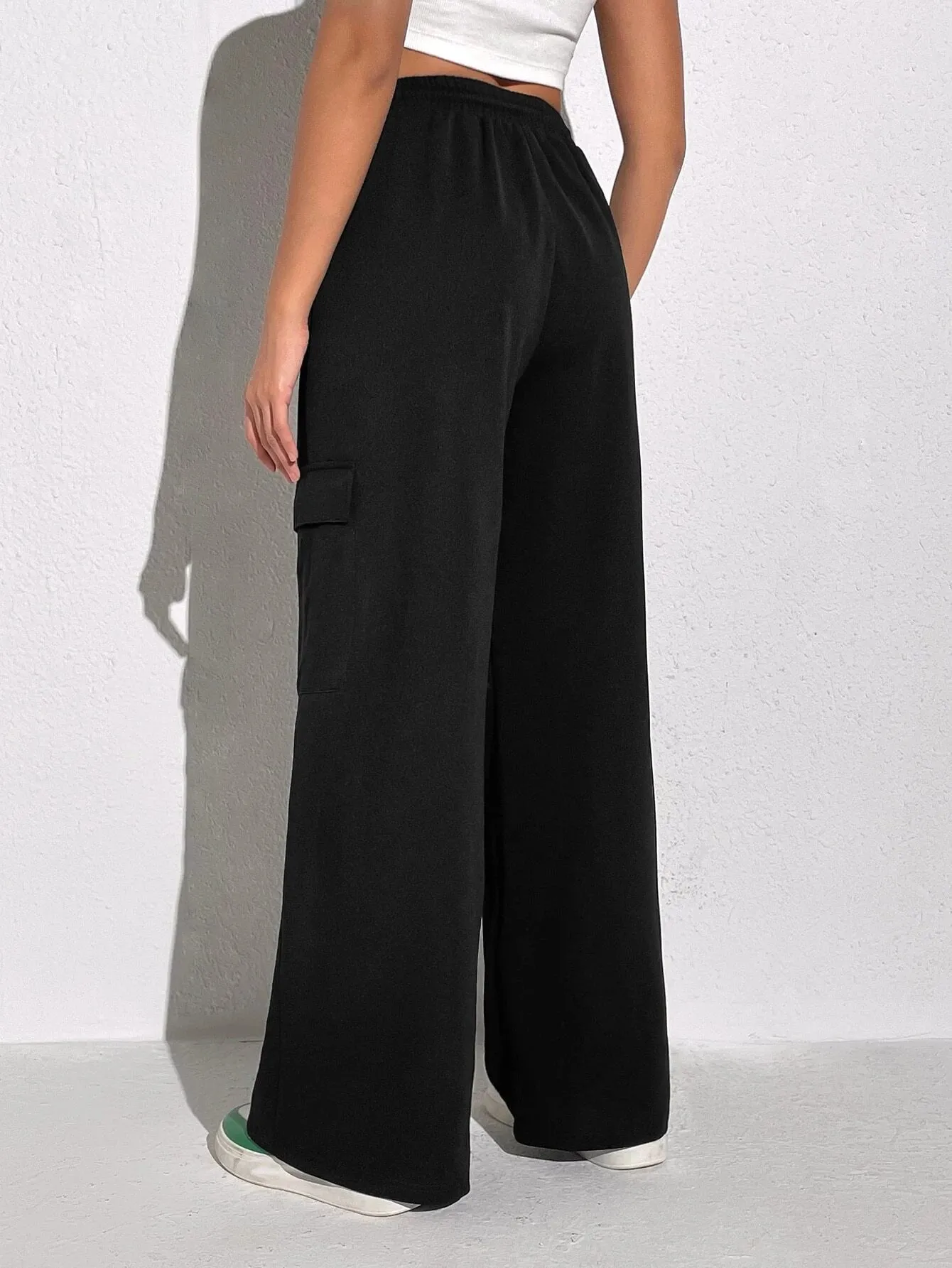 Letter Embroidery Drawstring Flap Pocket Cargo Pants