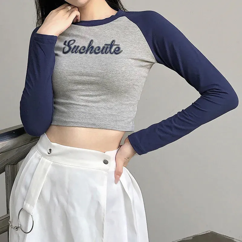 Letter Print Crop Top Cotton T-shirt Long Sleeve Tee