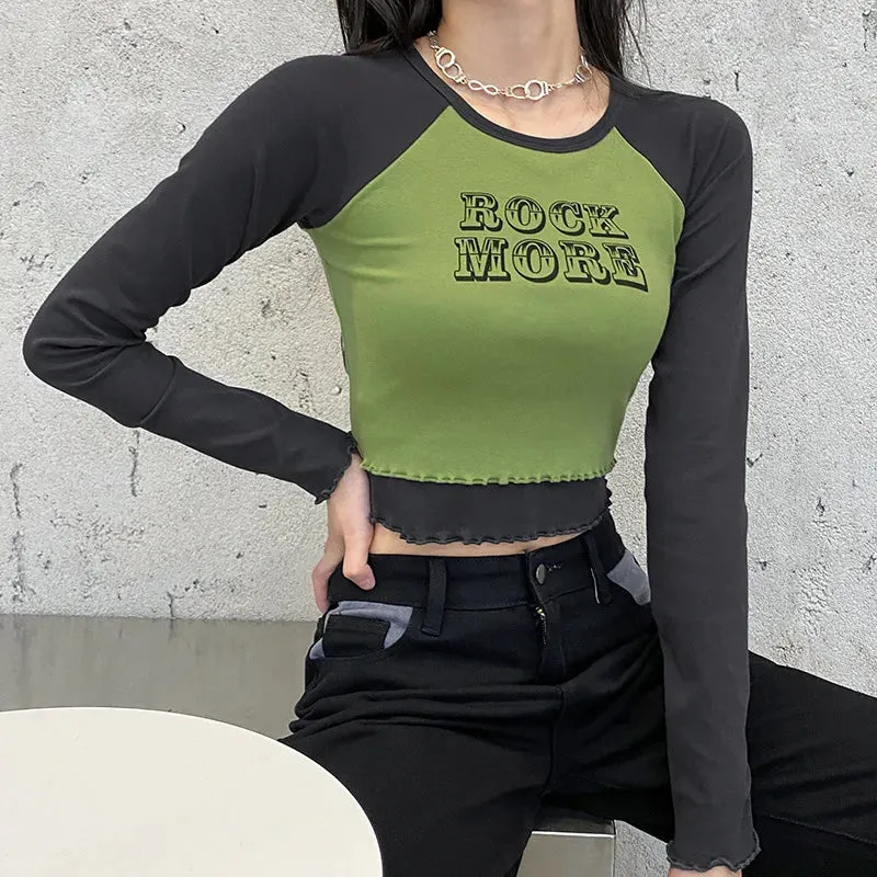 Letter Print Crop Top Cotton T-shirt Long Sleeve Tee