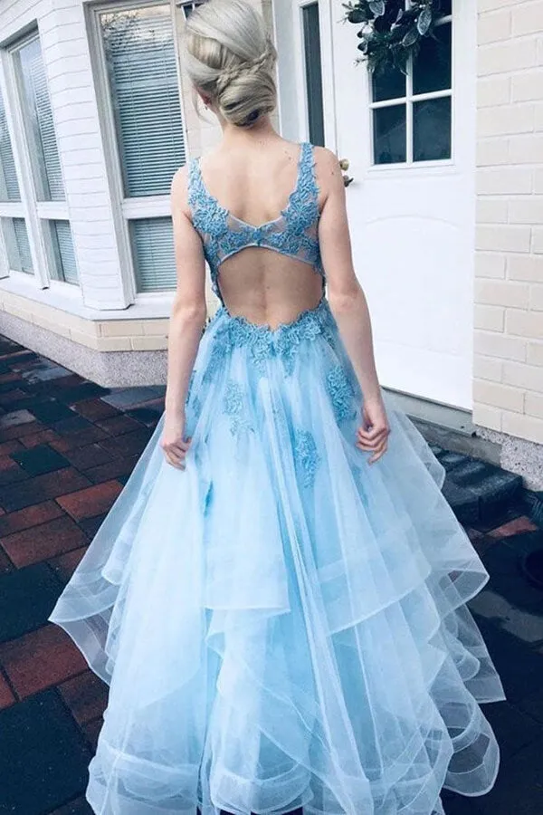 Light Blue A-line V-neck Open Back Long Prom Dresses With Lace Appliques, SP756