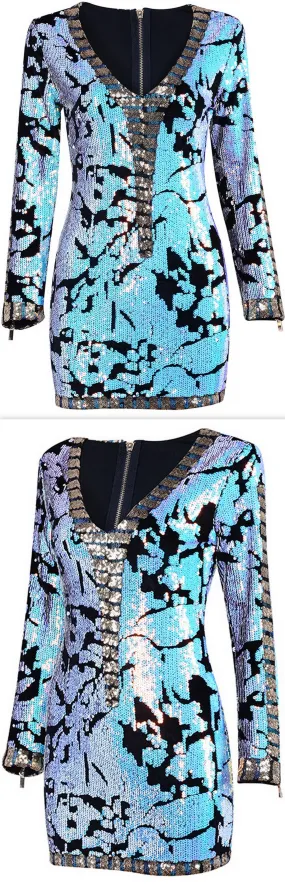 Light Blue Sequin-Embellished Long-Sleeve Mini Dress