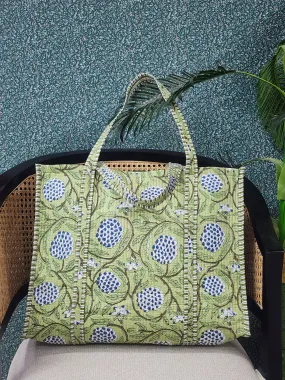 Light Green Jute Handblock Printed Tote Bag Without Zip