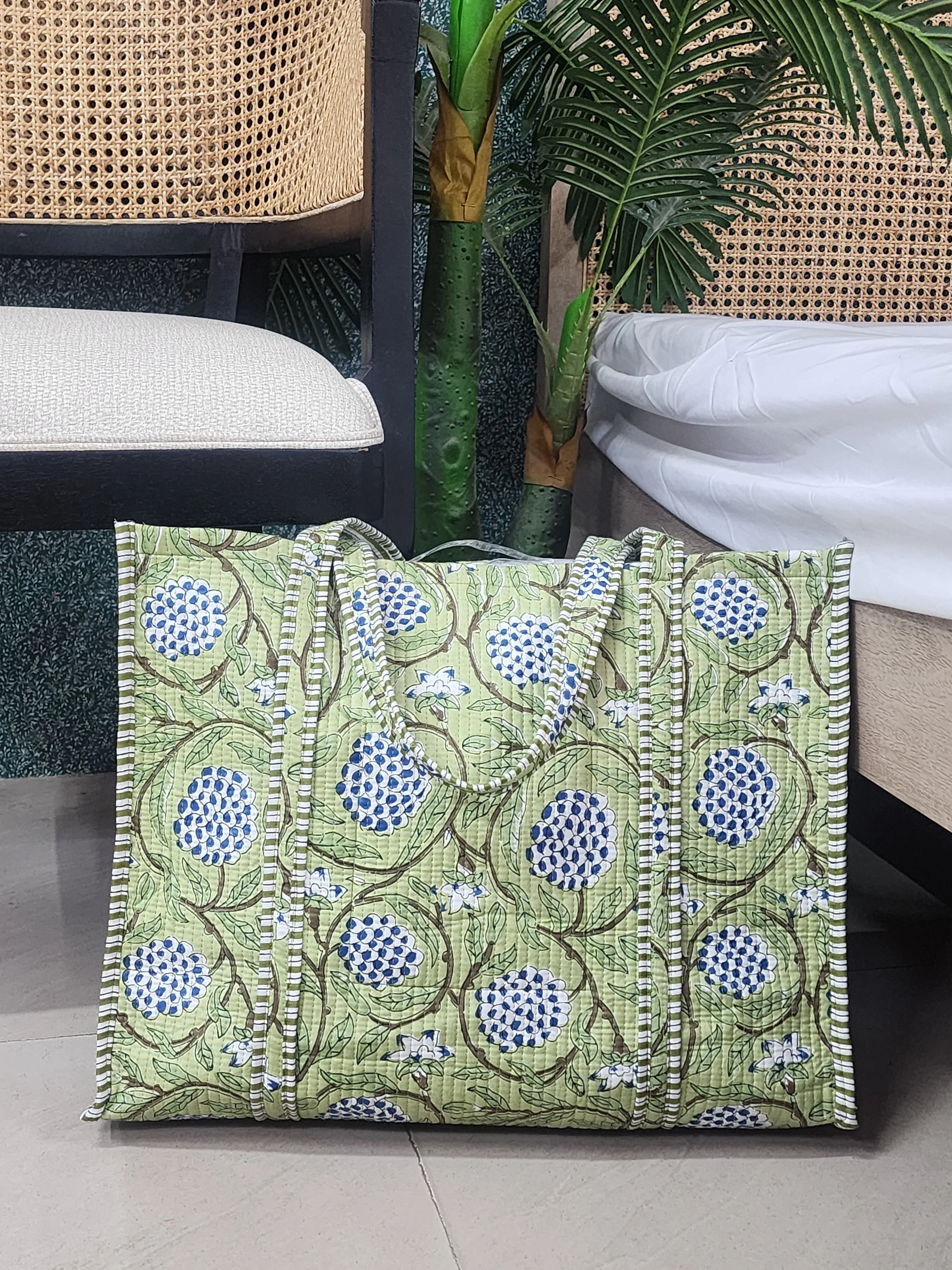 Light Green Jute Handblock Printed Tote Bag Without Zip