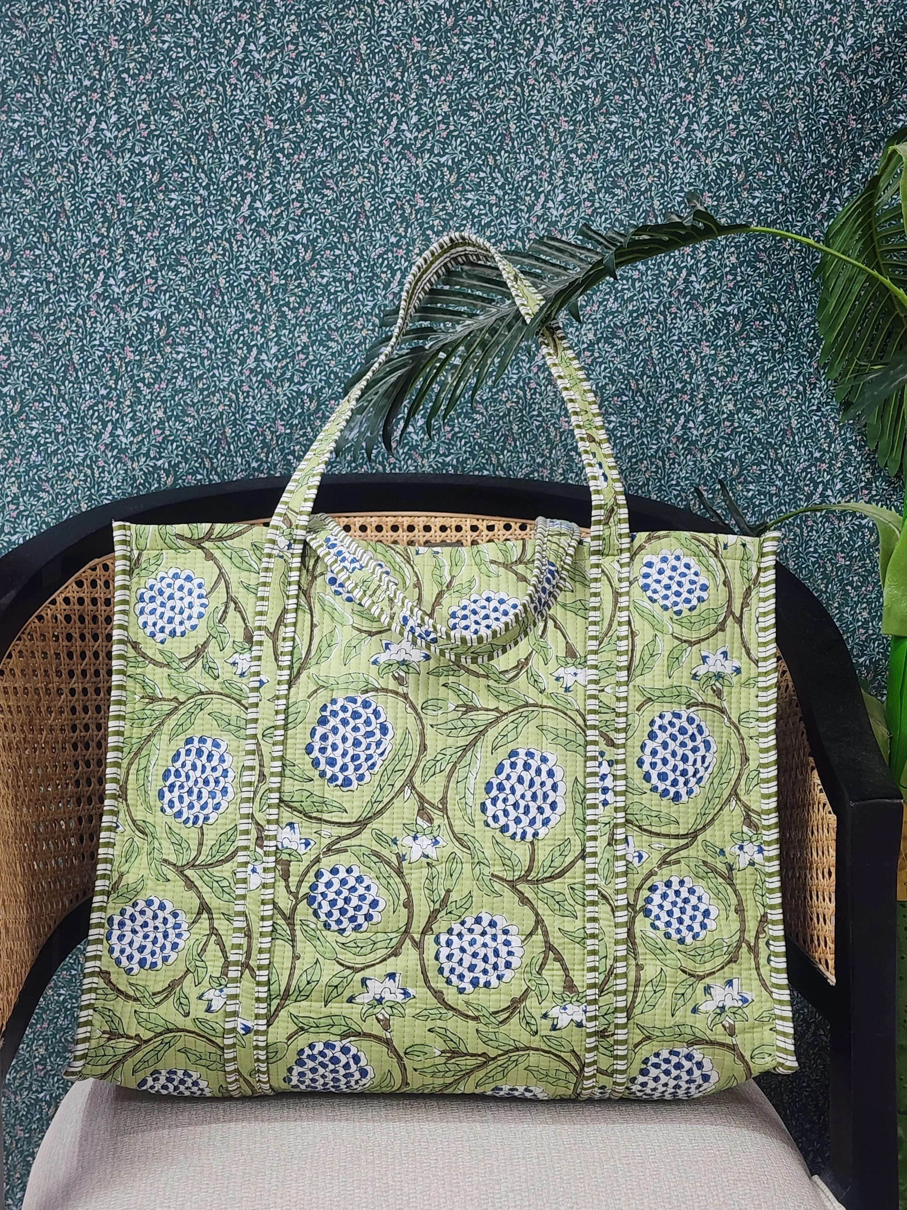 Light Green Jute Handblock Printed Tote Bag Without Zip