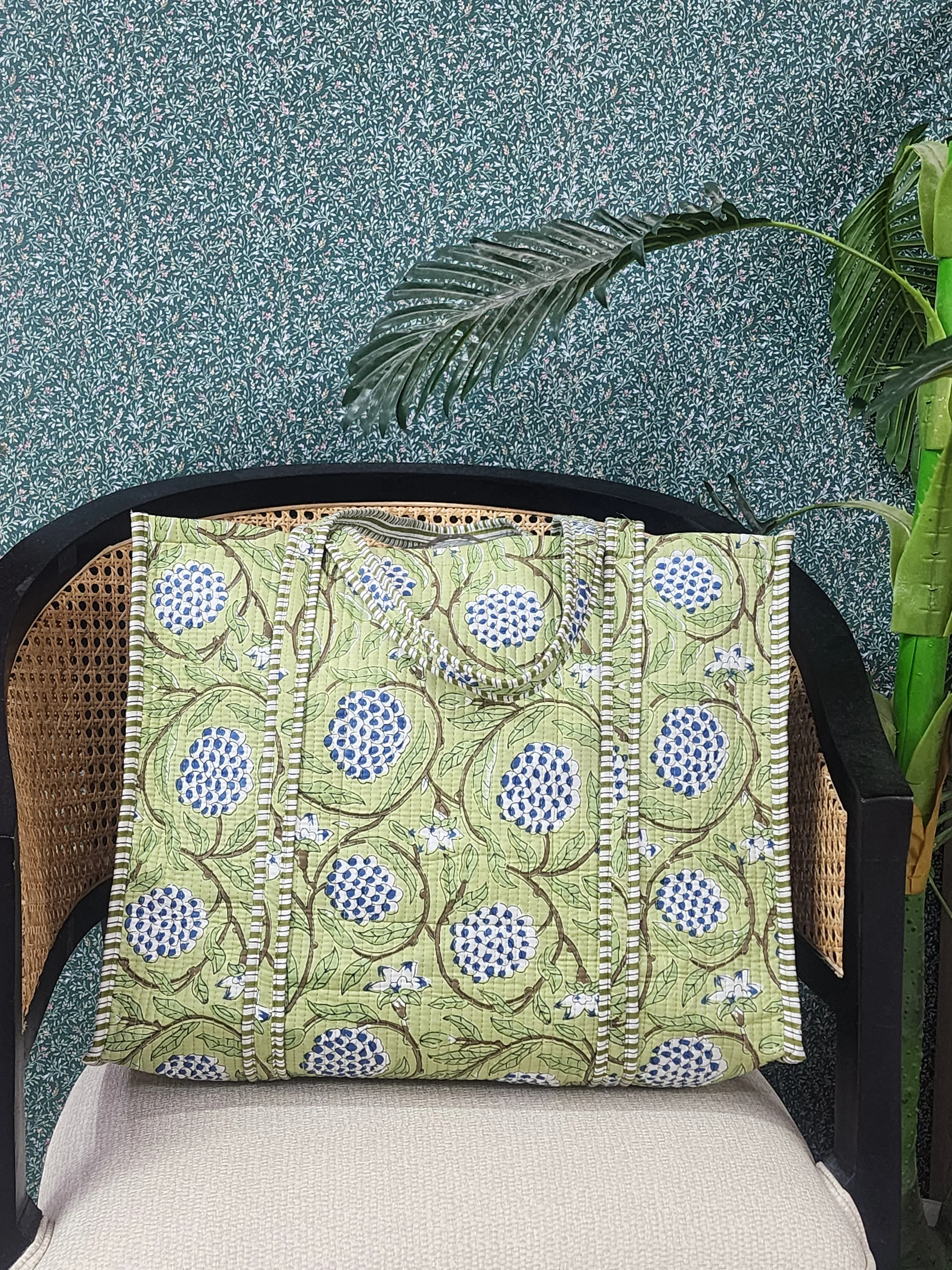Light Green Jute Handblock Printed Tote Bag Without Zip