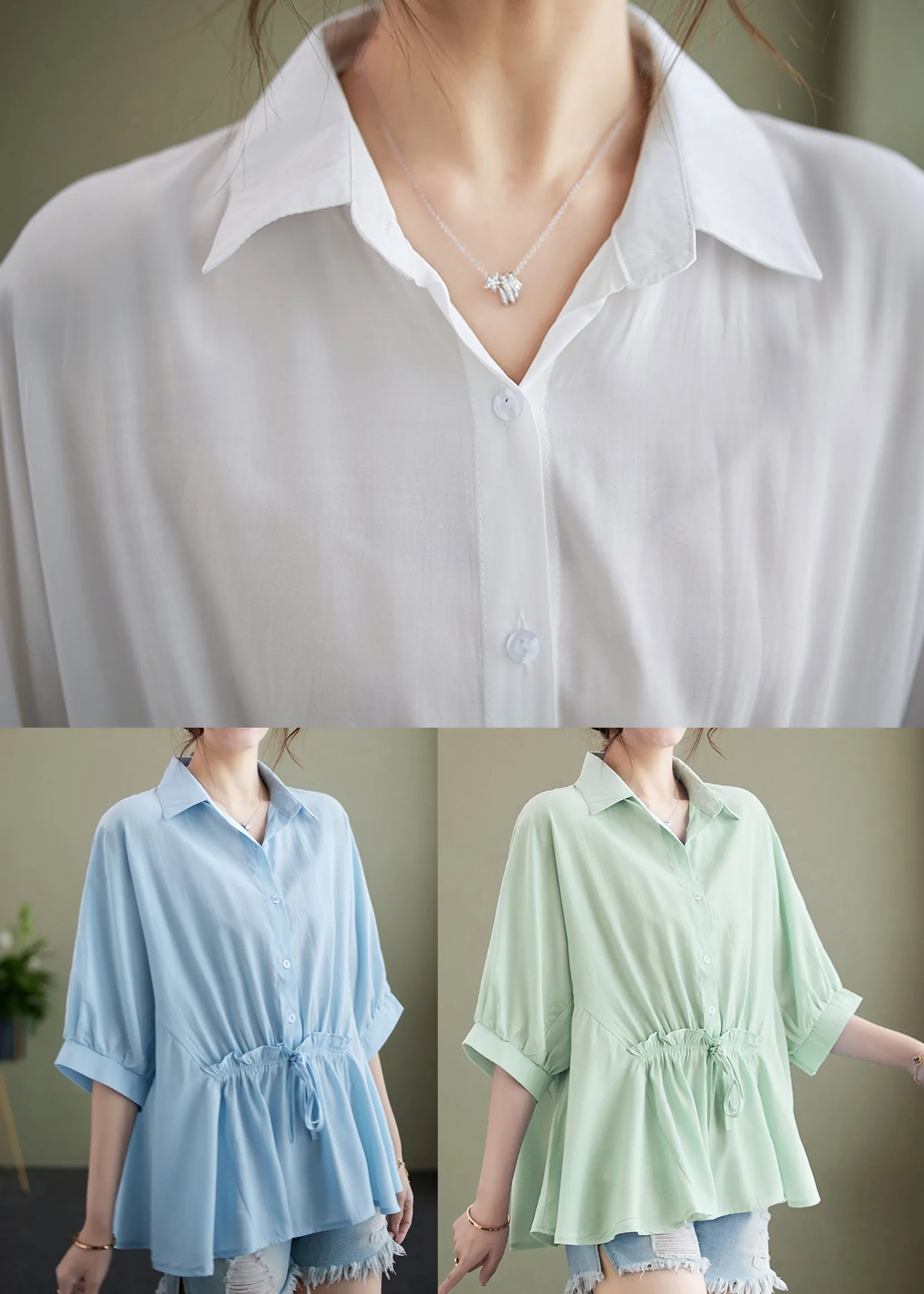 Light Green Loose Cotton Tops Ruffled Tie Waist Batwing Sleeve LY4891