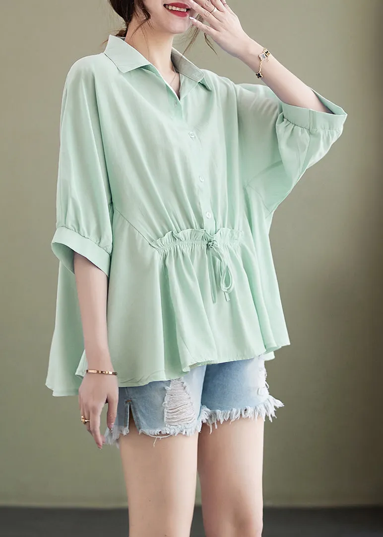 Light Green Loose Cotton Tops Ruffled Tie Waist Batwing Sleeve LY4891