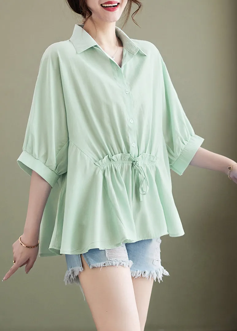 Light Green Loose Cotton Tops Ruffled Tie Waist Batwing Sleeve LY4891