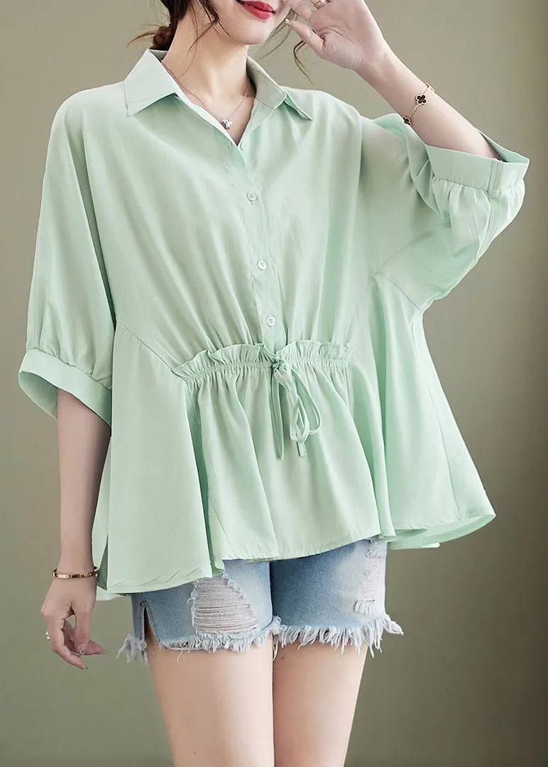 Light Green Loose Cotton Tops Ruffled Tie Waist Batwing Sleeve LY4891