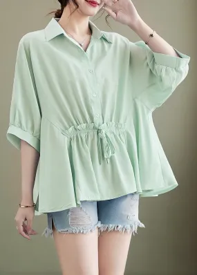 Light Green Loose Cotton Tops Ruffled Tie Waist Batwing Sleeve LY4891