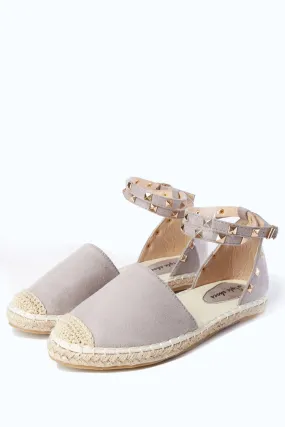 Light Grey Flat Suede Effect Studded Sandals