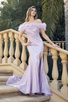 Light Purple Feather Neckline Off The Shoulder And High Slit Dress