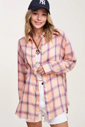 *LIGHTWEIGHT PLAID BUTTON DOWN SALMON/PINK/MULTI
