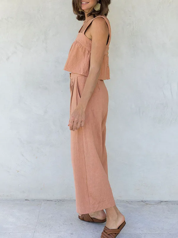 Linen Sleeveless Button Up Top & Long Pants Set