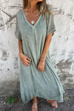 Linen Solid V Neck Midi Dress