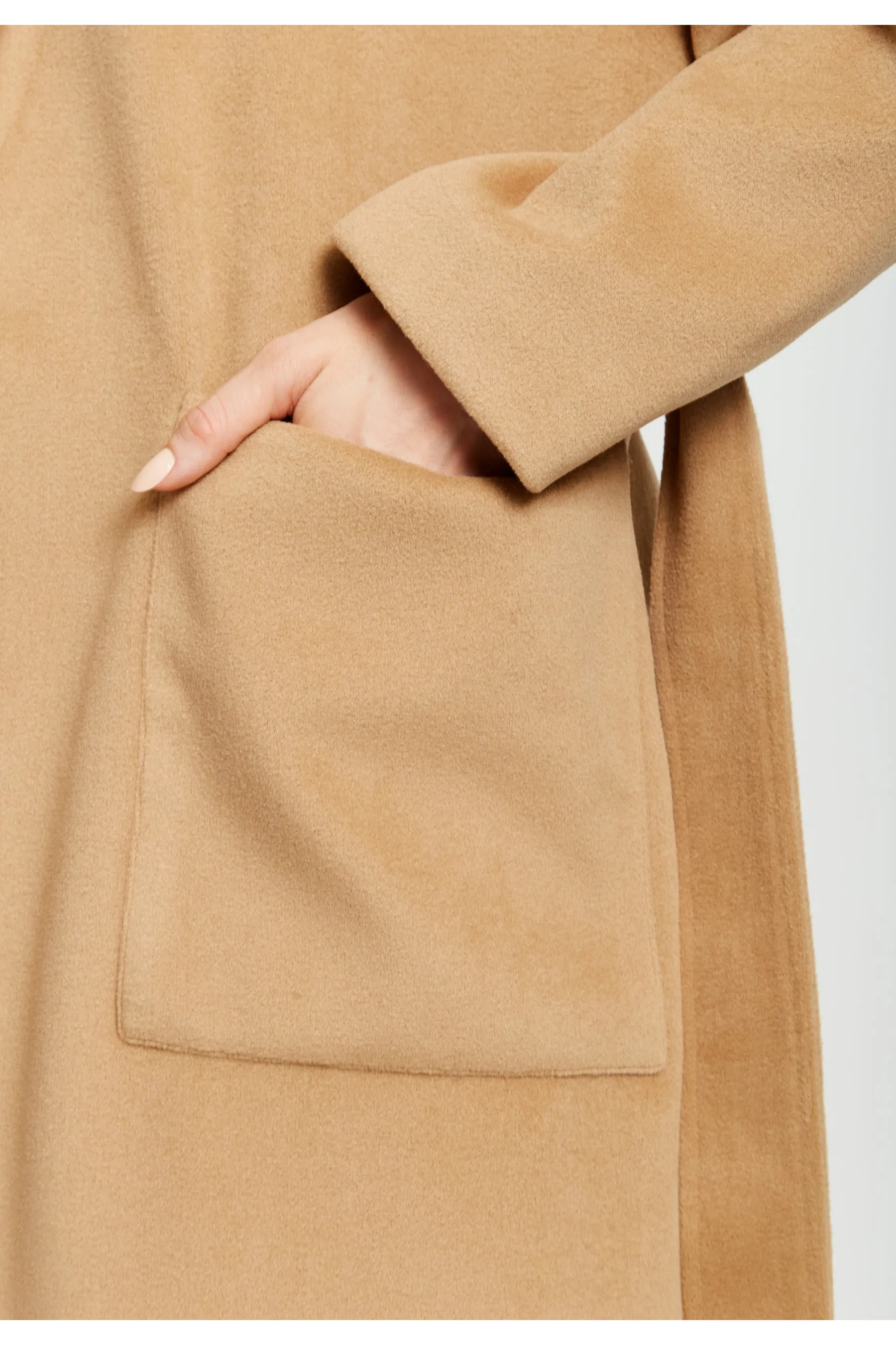 Liquorish Belted Longline Coat In Camel