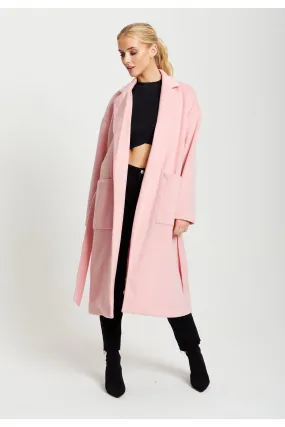 Liquorish Belted Longline Coat In Pink