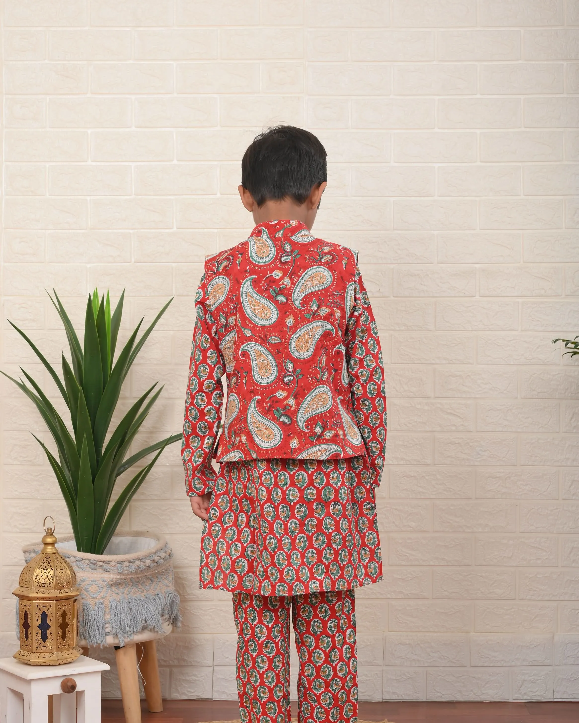 Little Botanical Dapper Nehru Jacket with Kurta Pajama 3 Piece set for Boys  | Shobitam Custom Wear Made To Order