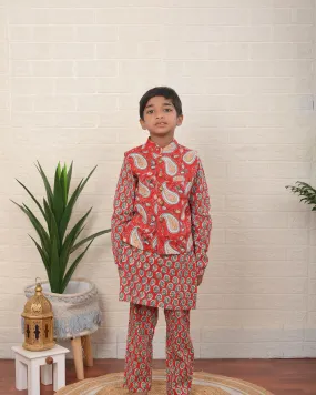 Little Botanical Dapper Nehru Jacket with Kurta Pajama 3 Piece set for Boys  | Shobitam Custom Wear Made To Order