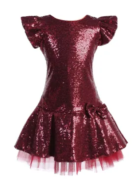 Little Girls Burgundy Sequin Ruffle Tutu Flower Girl Dress 2-6
