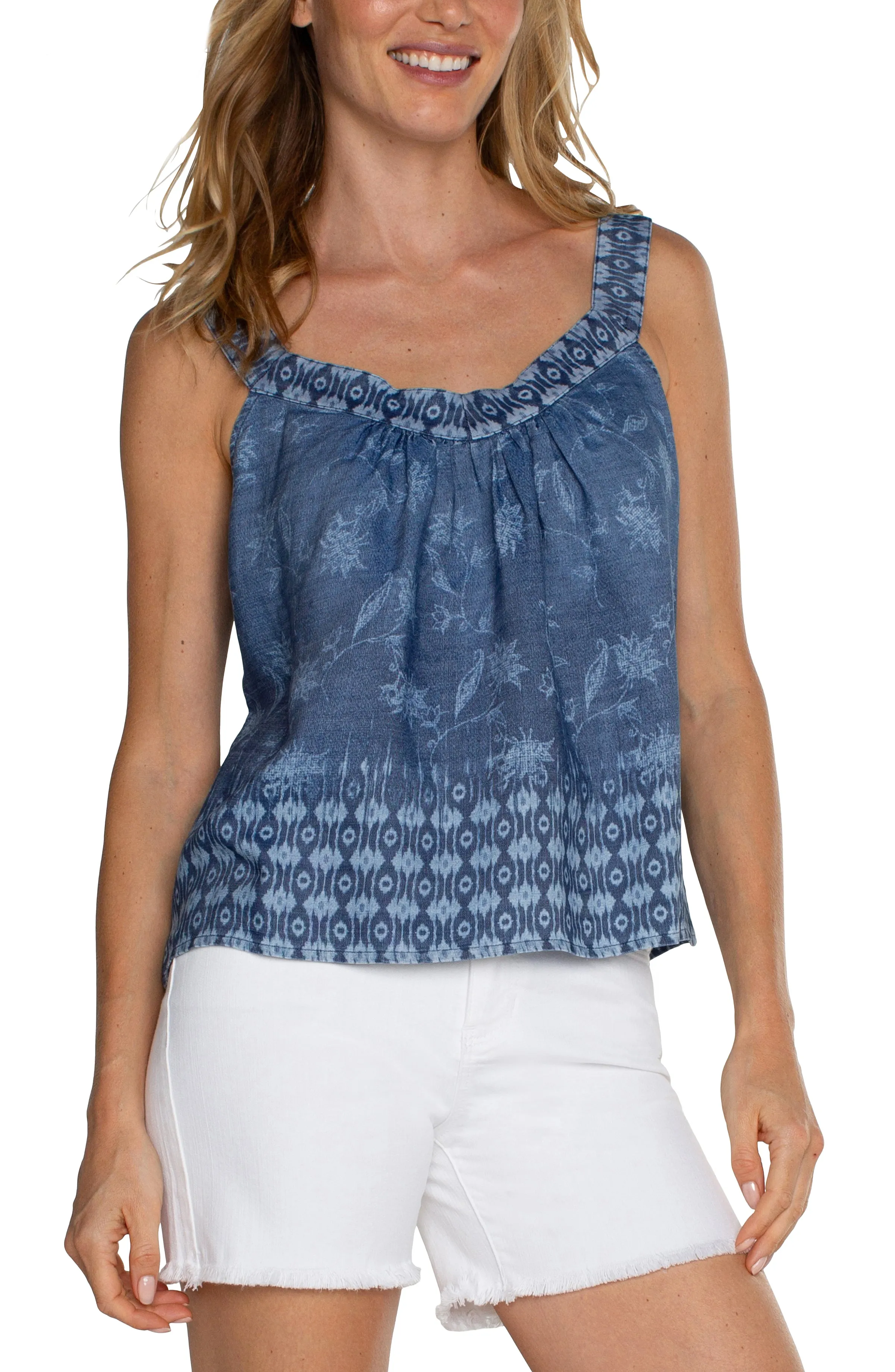 Liverpool Sleeveless V-Neck Easy Fit Tank with Smocking (Indigo Floral)