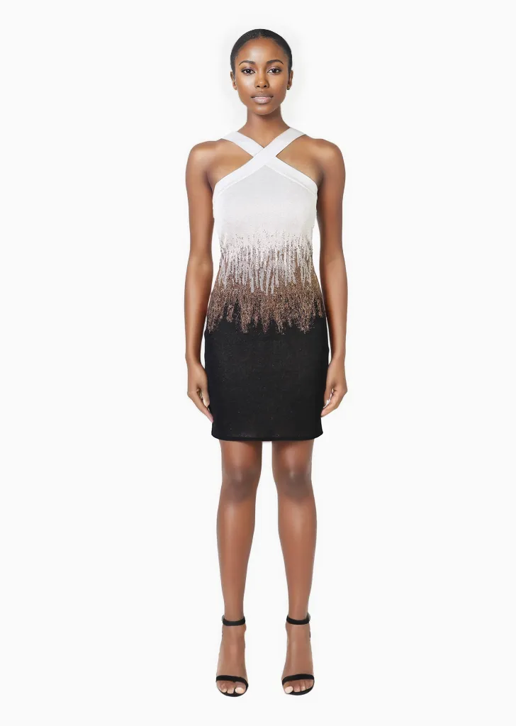 Lizette – Metallic Knit Halter Dress with Ombré Design