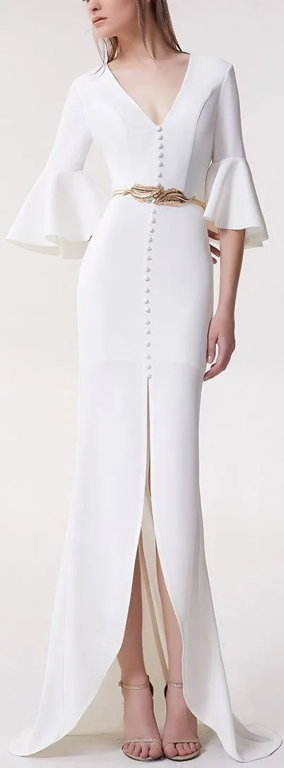 Long Bell-Sleeve Button-Embellished White Gown
