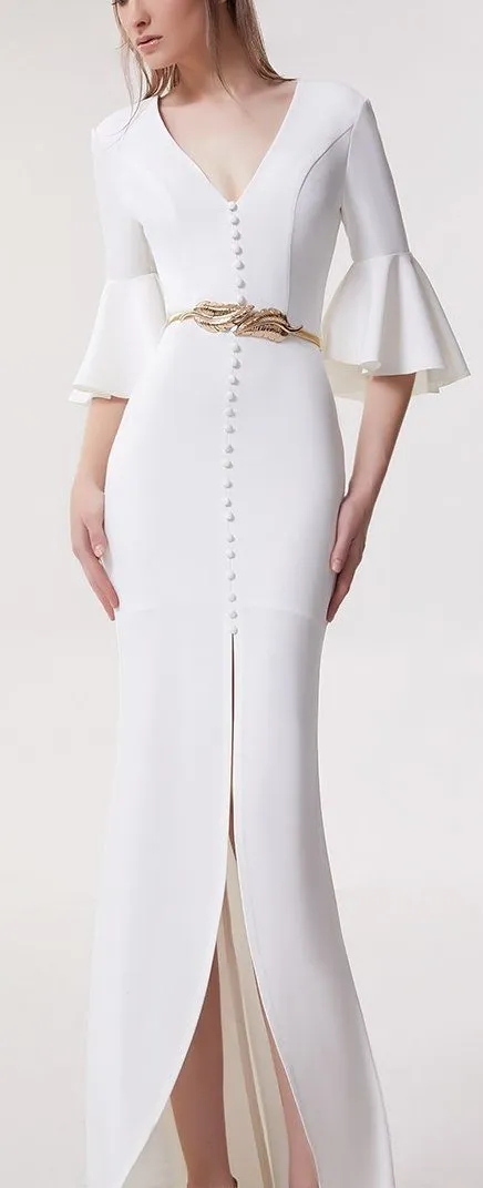 Long Bell-Sleeve Button-Embellished White Gown