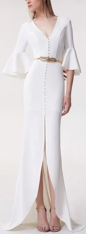 Long Bell-Sleeve Button-Embellished White Gown