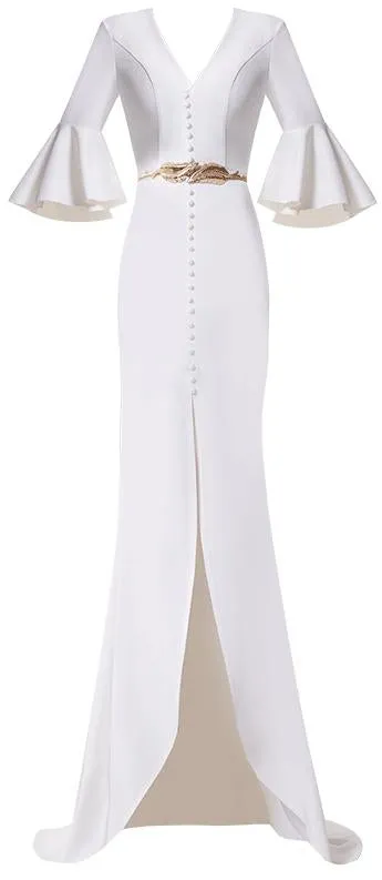 Long Bell-Sleeve Button-Embellished White Gown