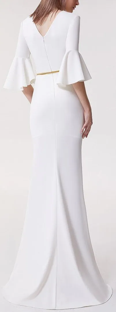 Long Bell-Sleeve Button-Embellished White Gown