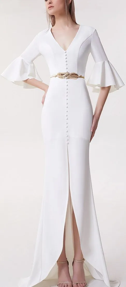 Long Bell-Sleeve Button-Embellished White Gown