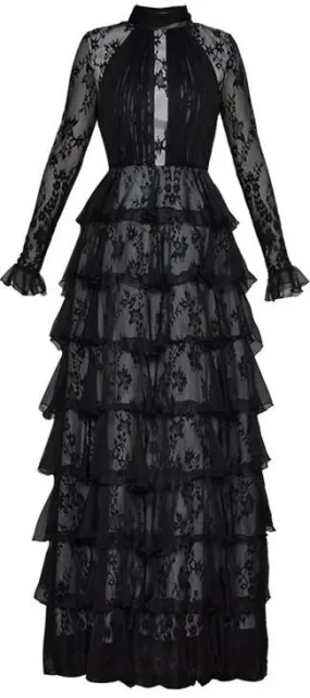 Long Black Tiered Lace Gown