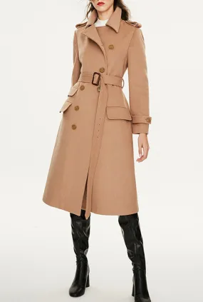 Long Chic Belted Wool Blend Coat