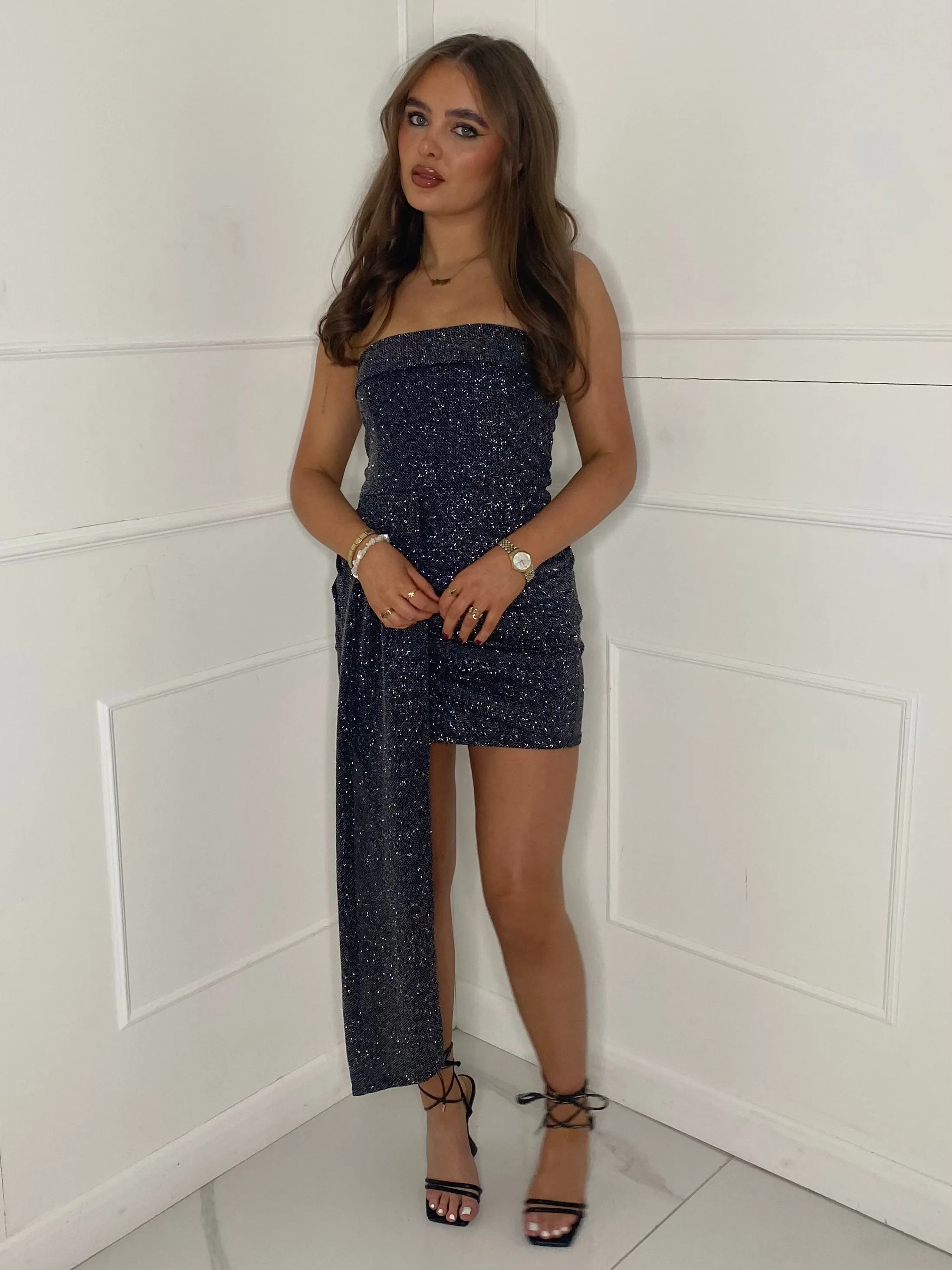 Long Drape Detail Bandeau Dress - Multi Sequin