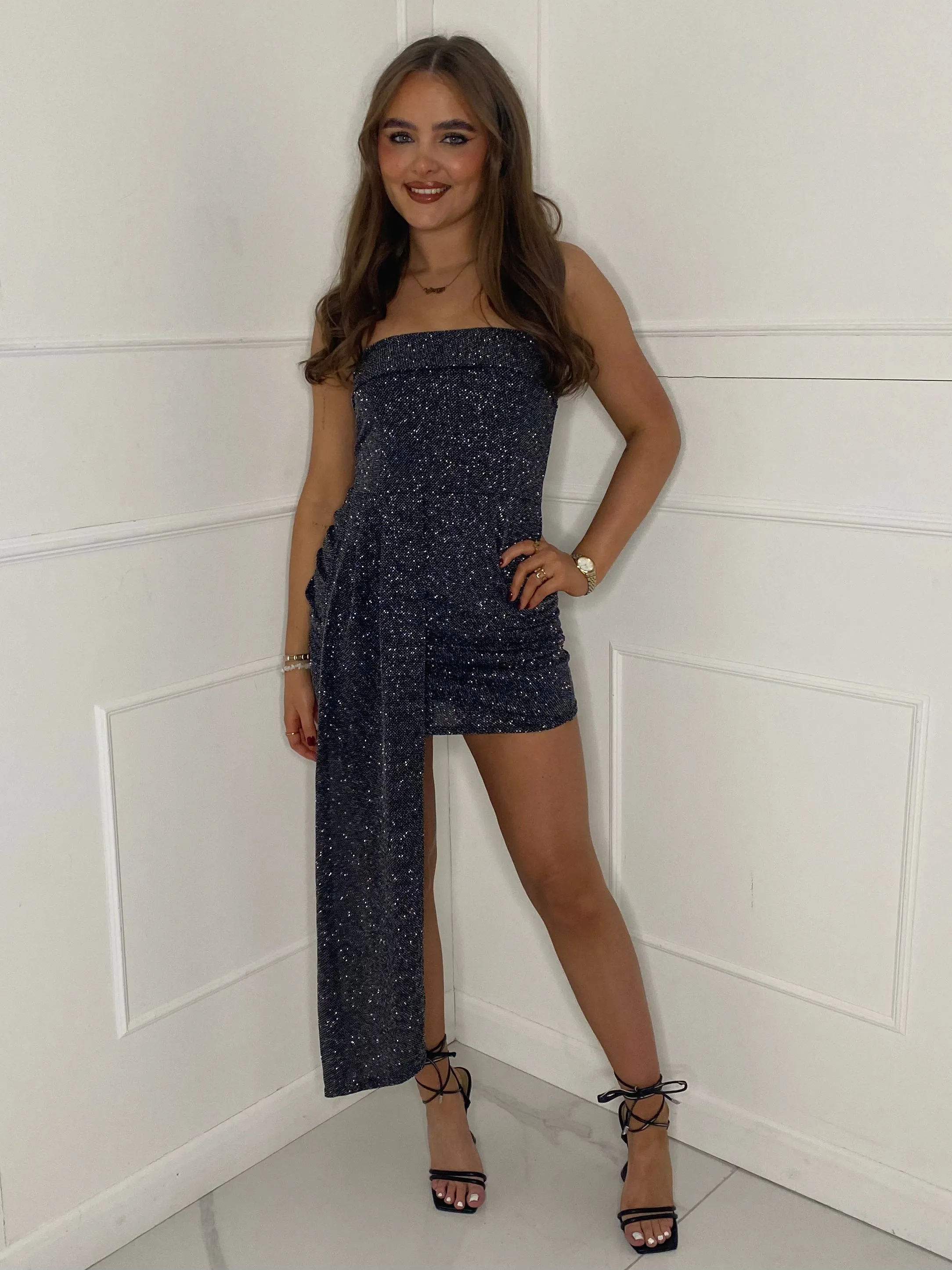 Long Drape Detail Bandeau Dress - Multi Sequin