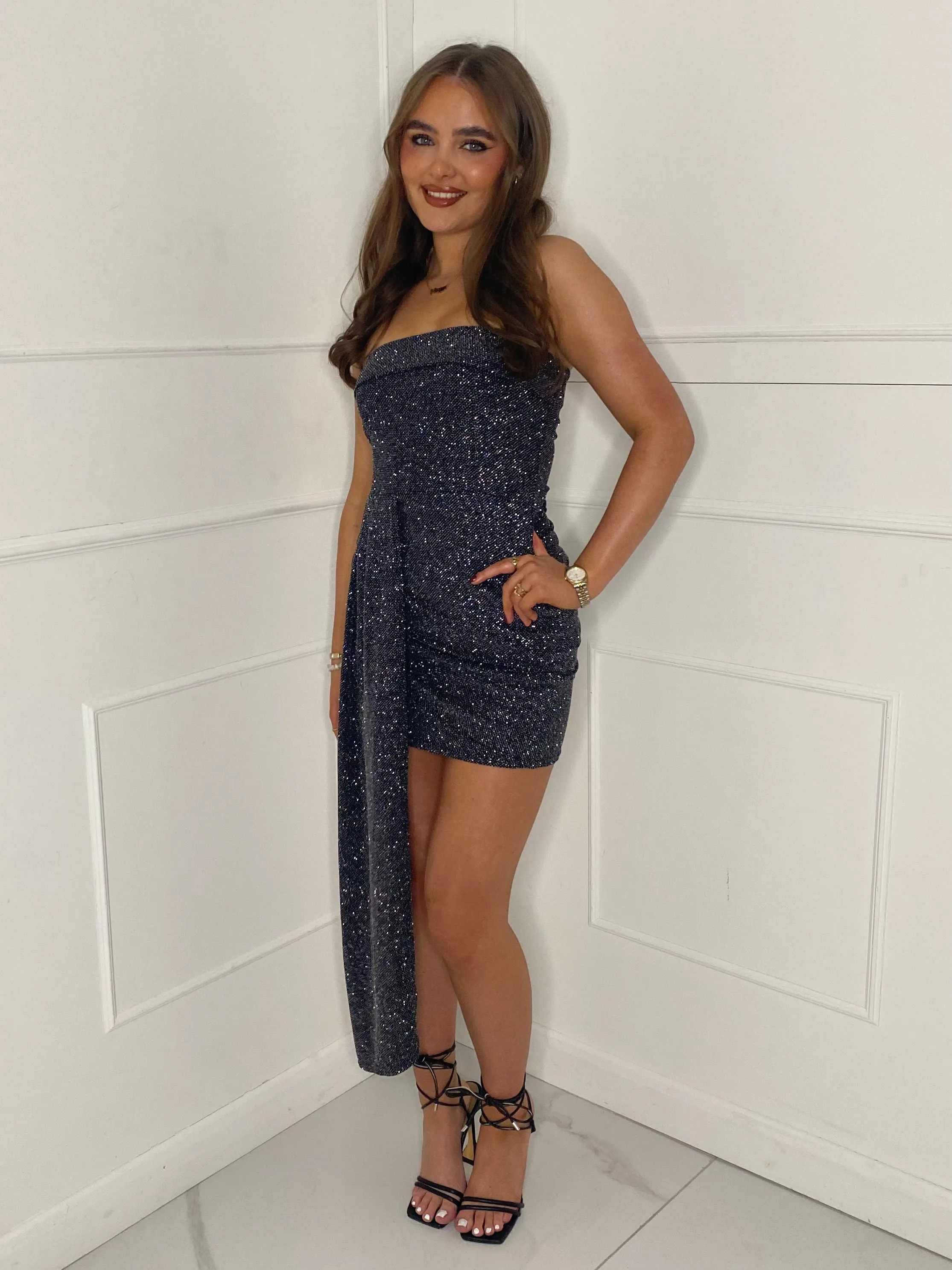 Long Drape Detail Bandeau Dress - Multi Sequin