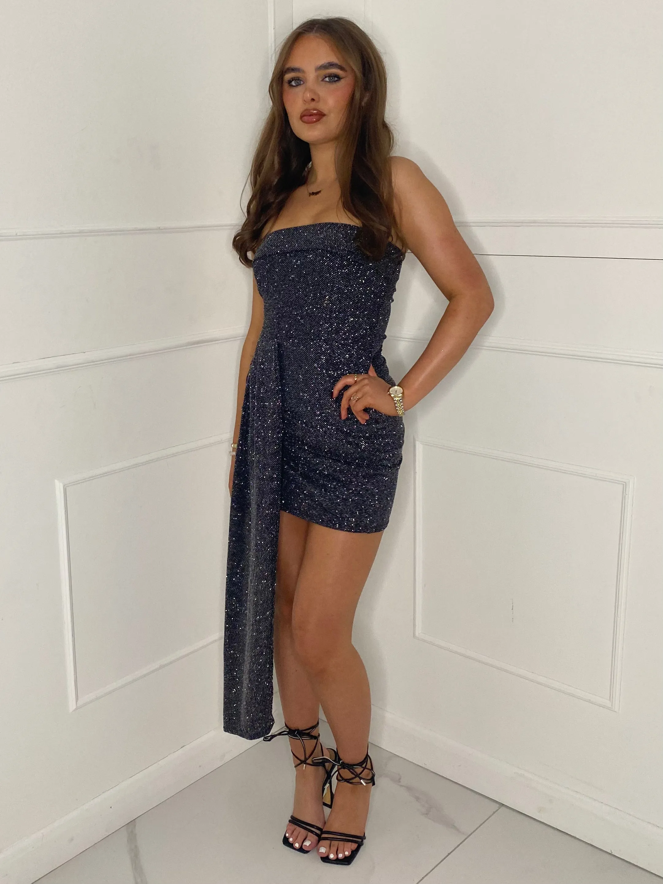 Long Drape Detail Bandeau Dress - Multi Sequin