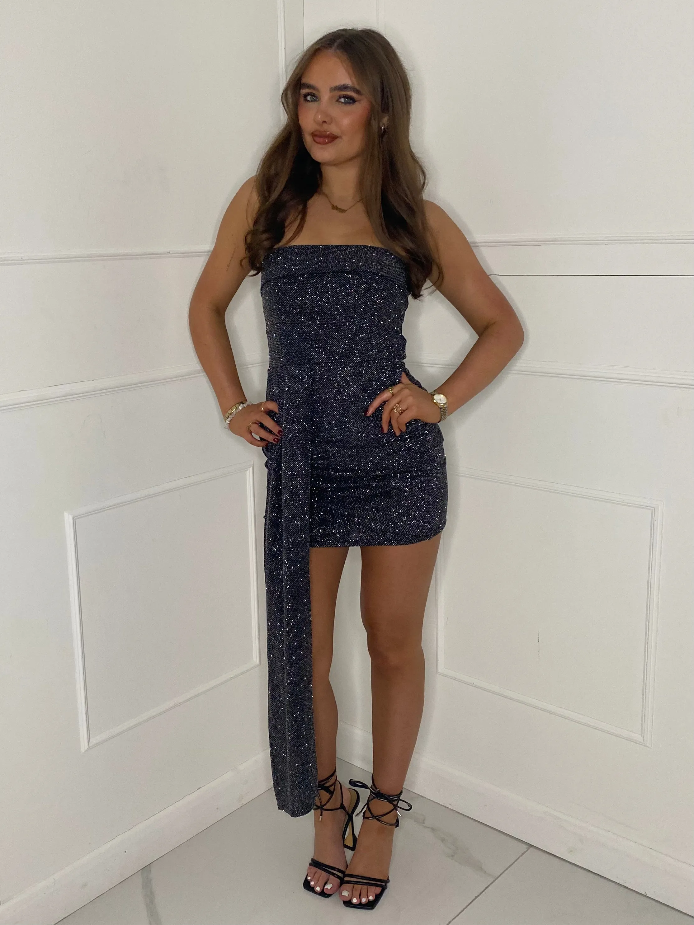 Long Drape Detail Bandeau Dress - Multi Sequin