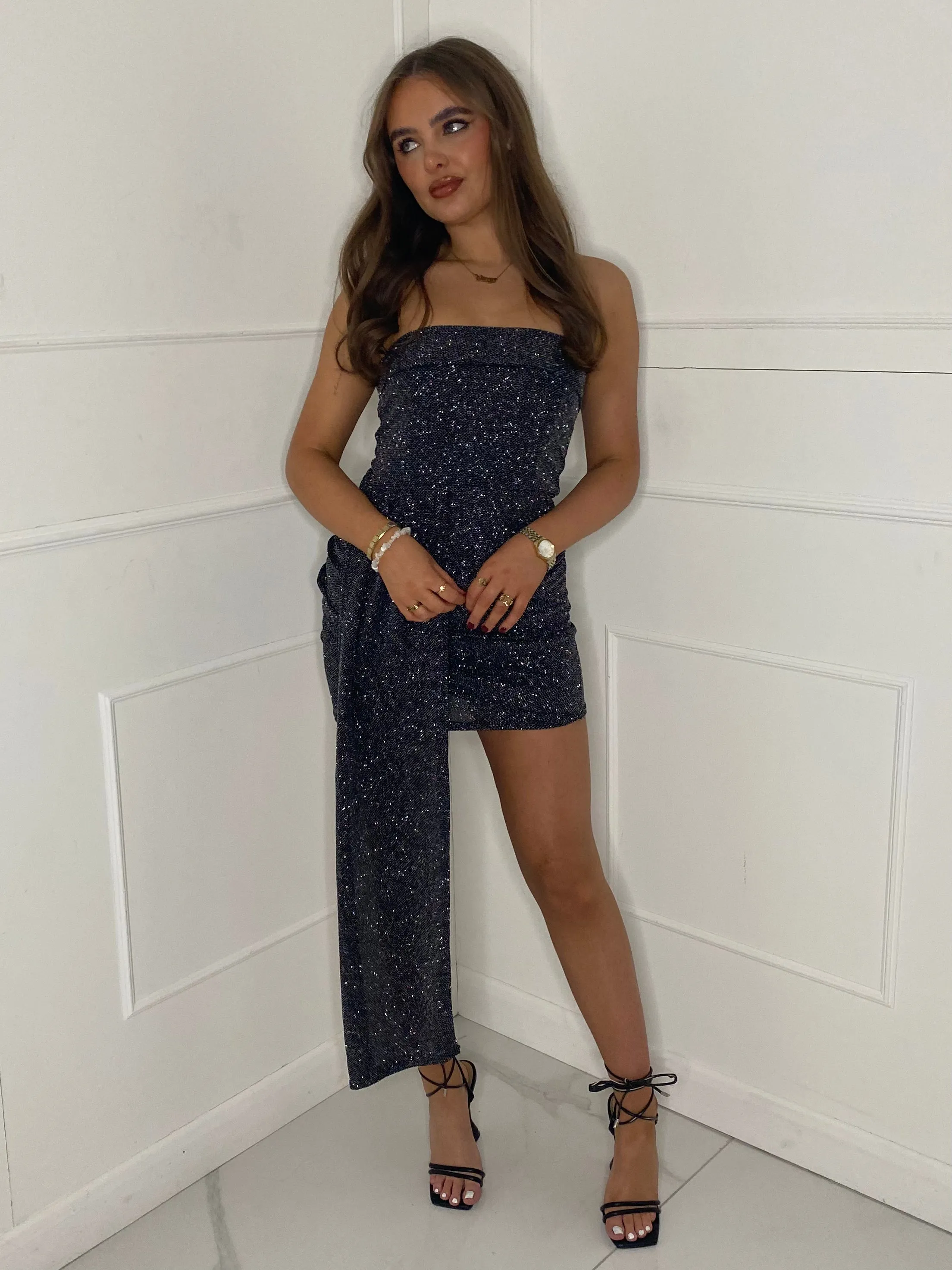 Long Drape Detail Bandeau Dress - Multi Sequin
