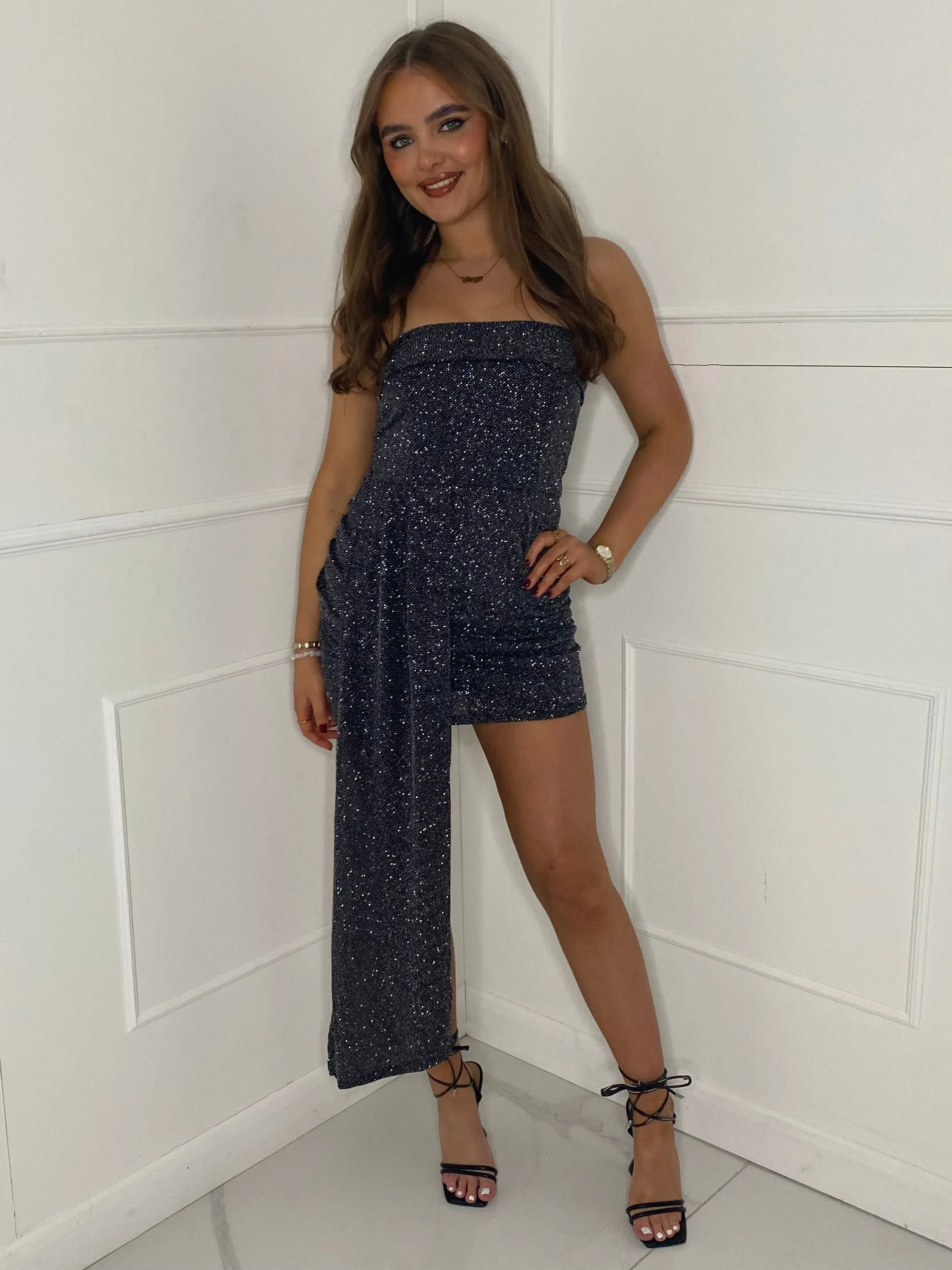 Long Drape Detail Bandeau Dress - Multi Sequin